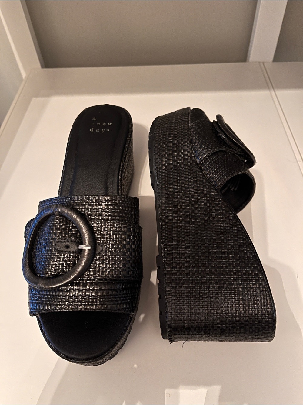 Black Woven Platform Slide Sandals with Buckle